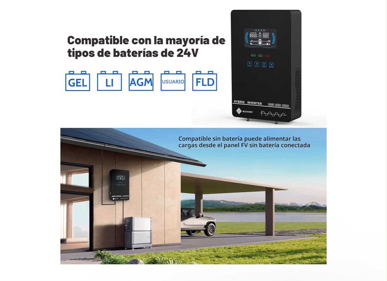 SUMRY - Inversor solar híbrido, 4000 W, 24 V CC a 120 V CA